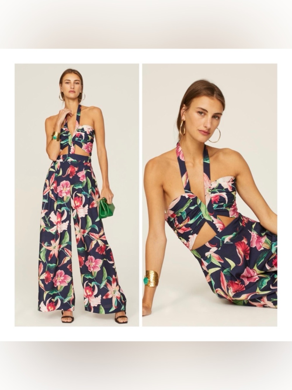 PatBO Black Floral Halter Wide-Leg Jumpsuit with Pink & Green Accents
